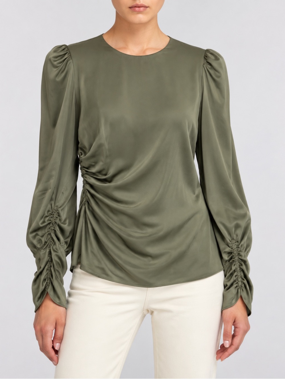 Zimmermann 100% Silk Ruched Draped Blouse Olive Green Size 0 XS